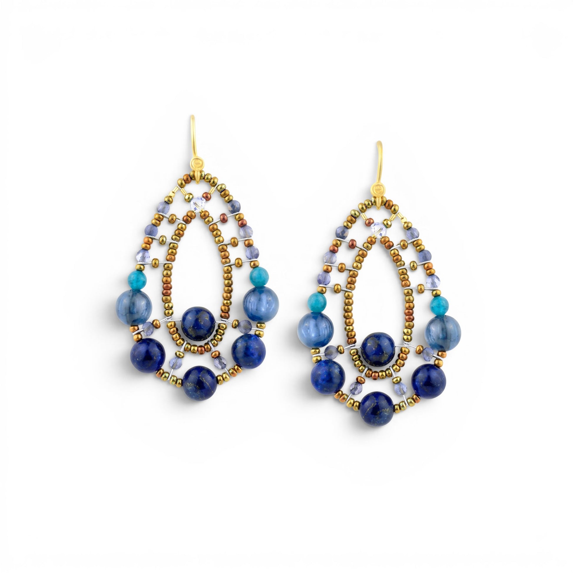 Trebor Style Ziio Shinju blue gemstone drop earrings featuring lapis, iolite, and apatite beads on gold Murano glass.