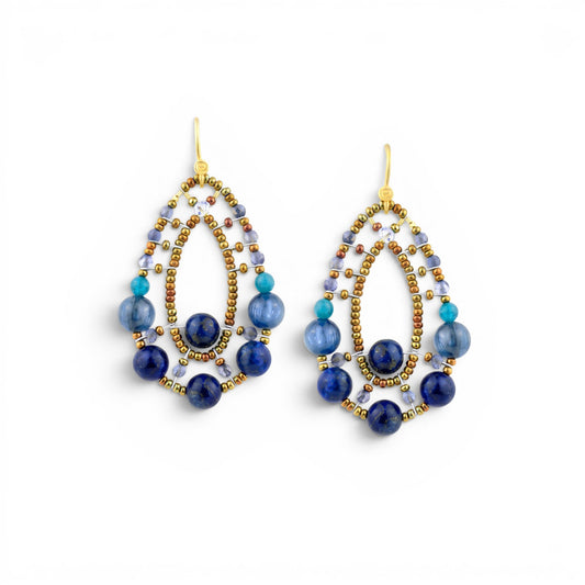 Trebor Style Ziio Shinju blue gemstone drop earrings featuring lapis, iolite, and apatite beads on gold Murano glass.