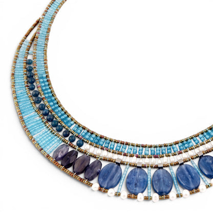 Trebor Style Ziio statement necklace featuring blue kyanite, zircon, iolite, pearls, and Murano glass beads on wire.