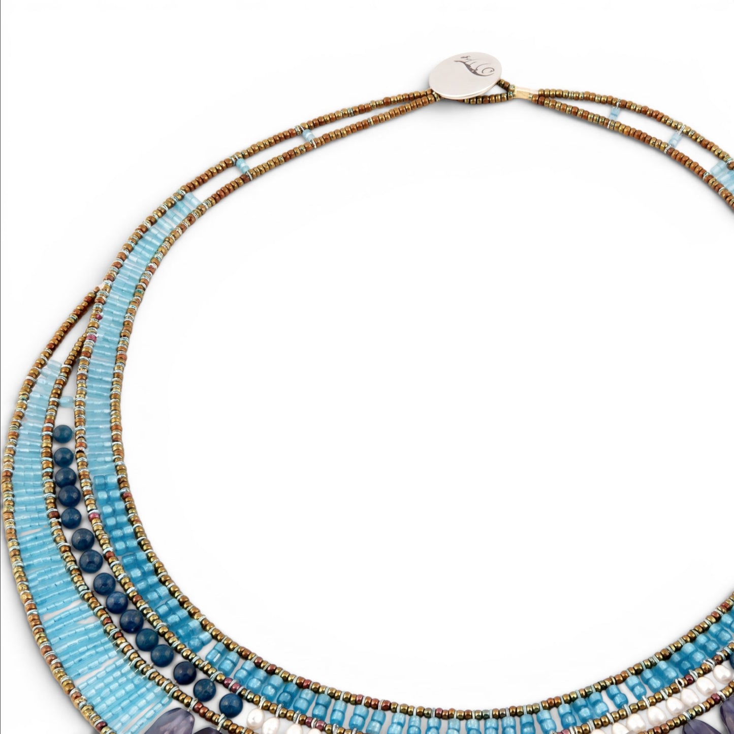 Trebor Style Ziio statement necklace featuring blue kyanite, zircon, iolite, pearls, and Murano glass beads on wire.