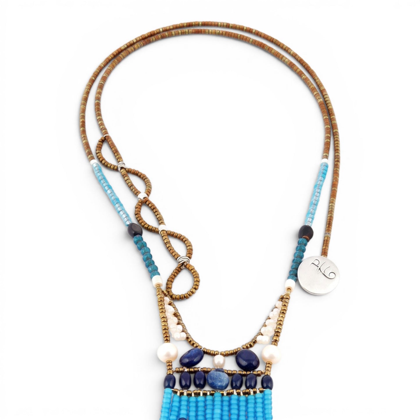 Trebor Style Ziio long Fenice tassel pendant necklace featuring blue gemstones, Murano glass beads, and pearl accents.