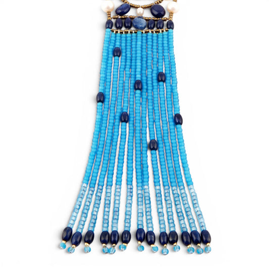 Trebor Style Ziio long Fenice tassel pendant necklace featuring blue gemstones, Murano glass beads, and pearl accents.