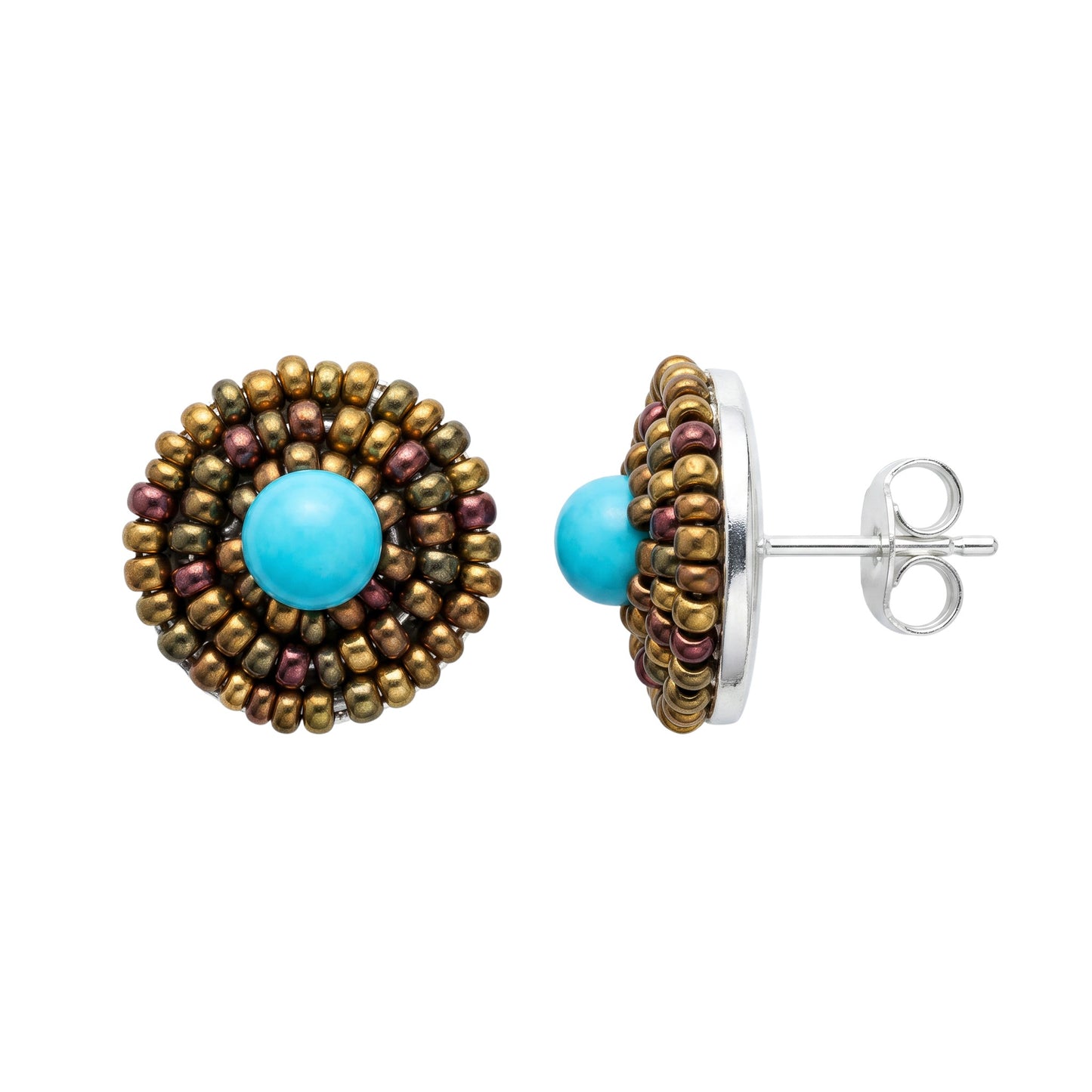 Trebor Style Ziio button earrings featuring a blue magnesite center surrounded by golden Murano glass beads.