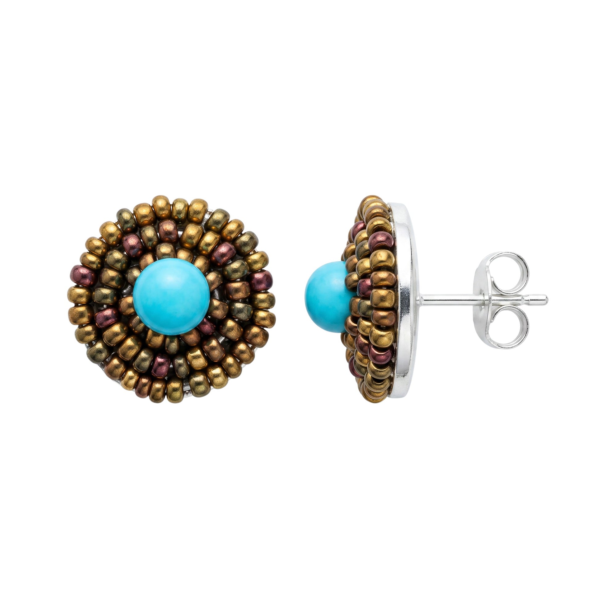 Trebor Style Ziio button earrings featuring a blue magnesite center surrounded by golden Murano glass beads.