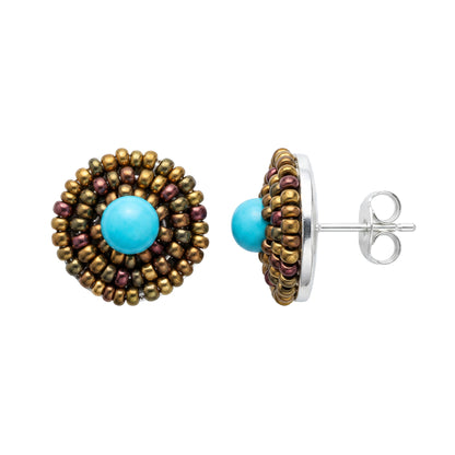 Trebor Style Ziio button earrings featuring a blue magnesite center surrounded by golden Murano glass beads.