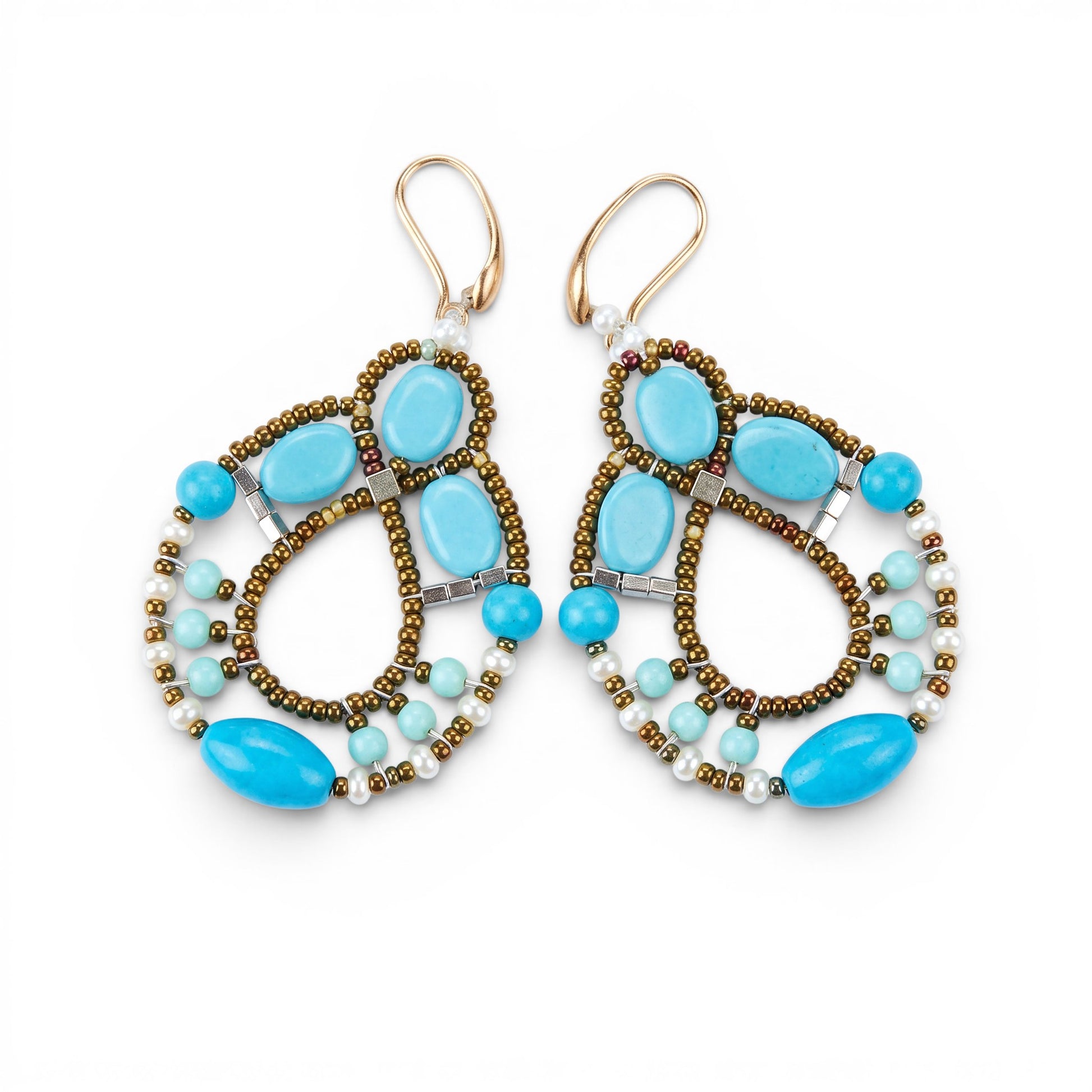 Trebor Style Ziio Galaxie chandelier earrings featuring blue magnesite, seed pearls, and turquoise beads on gold posts.