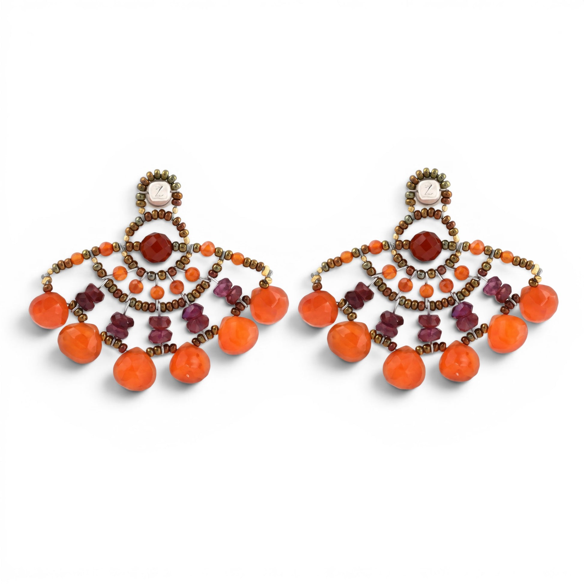 Trebor Style Ziio Abanico fan earrings featuring orange carnelian and red garnet gemstones with Murano glass beads.