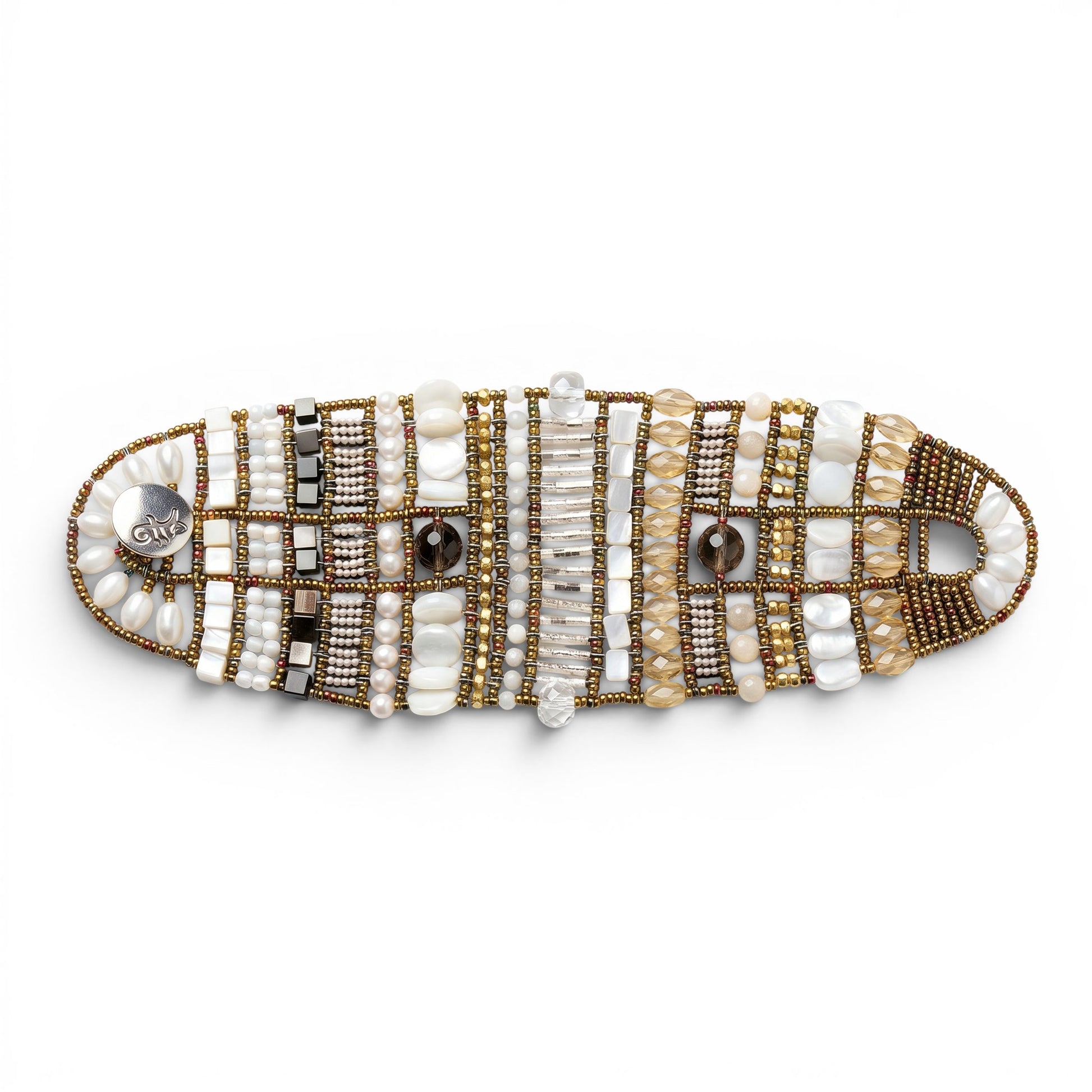Trebor Style Ziio handcrafted cuff bracelet featuring citrine, smokey quartz, white pearls, and Murano glass beads.