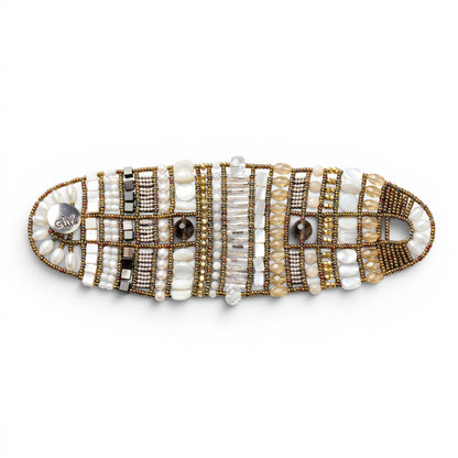 Trebor Style Ziio handcrafted cuff bracelet featuring citrine, smokey quartz, white pearls, and Murano glass beads.