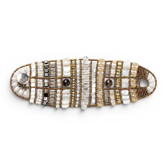 Trebor Style Ziio handcrafted cuff bracelet featuring citrine, smokey quartz, white pearls, and Murano glass beads.