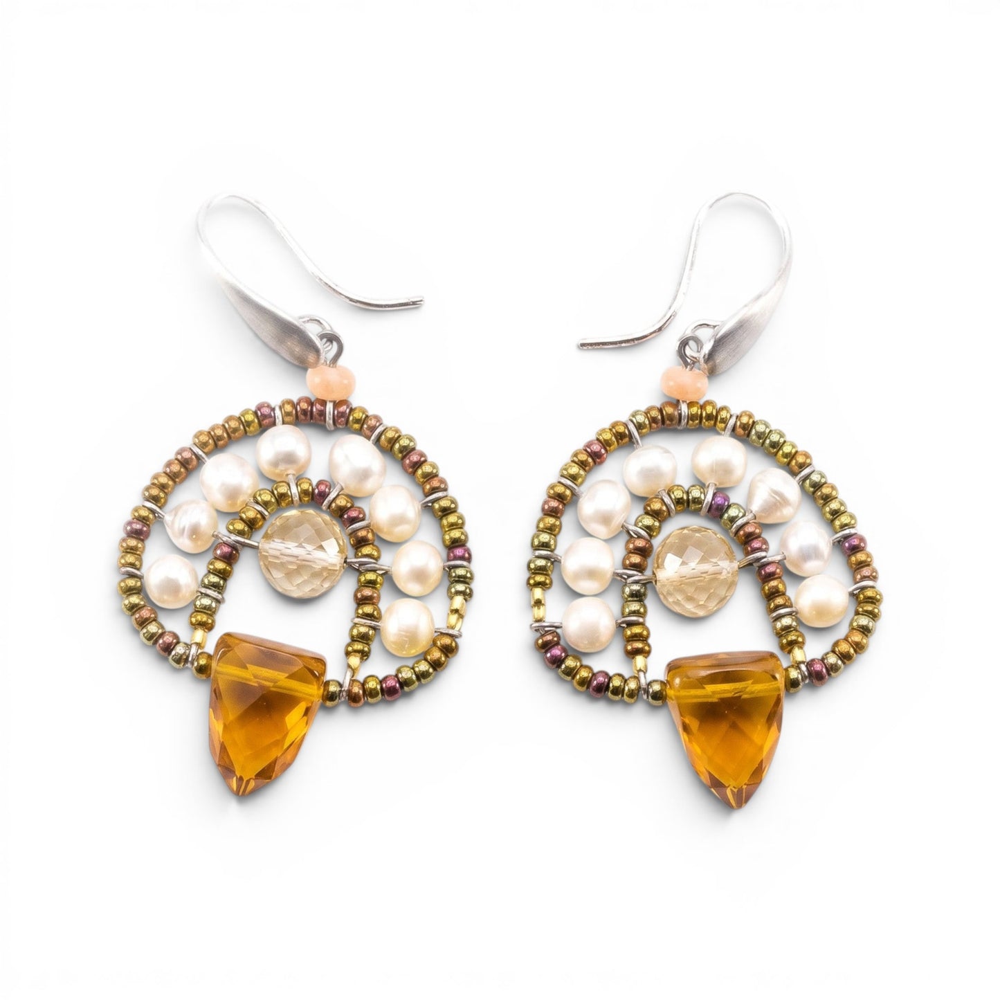 Trebor Style Ziio handcrafted cupola earrings featuring faceted citrine drops, freshwater pearls, and Murano glass beads.