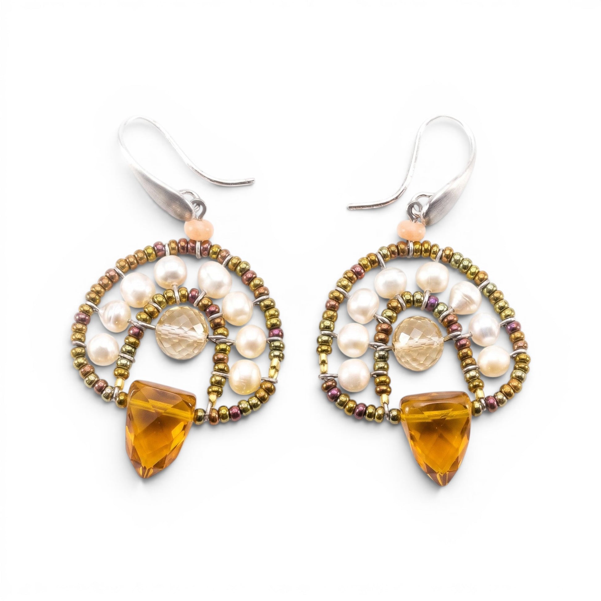 Trebor Style Ziio handcrafted cupola earrings featuring faceted citrine drops, freshwater pearls, and Murano glass beads.