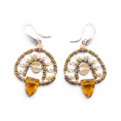 Trebor Style Ziio handcrafted cupola earrings featuring faceted citrine drops, freshwater pearls, and Murano glass beads.