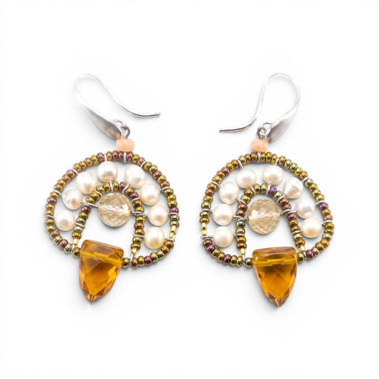 Trebor Style Ziio handcrafted cupola earrings featuring faceted citrine drops, freshwater pearls, and Murano glass beads.
