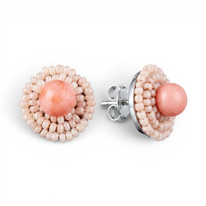 Trebor Style Ziio button earrings featuring a central coral bead, pink Murano glass beads, and sterling silver posts.
