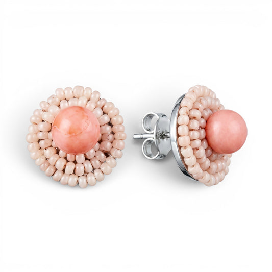 Trebor Style Ziio button earrings featuring a central coral bead, pink Murano glass beads, and sterling silver posts.