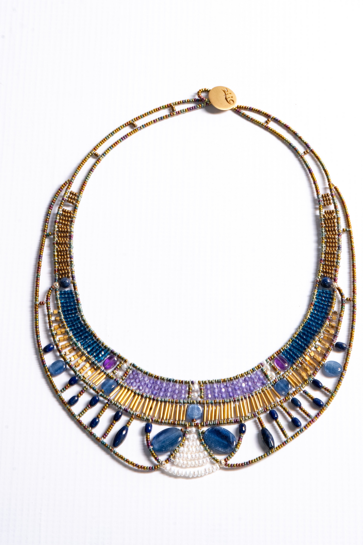 Trebor Style Ziio Doree statement necklace featuring blue kyanite, amethyst, pearls, and Murano glass beads.