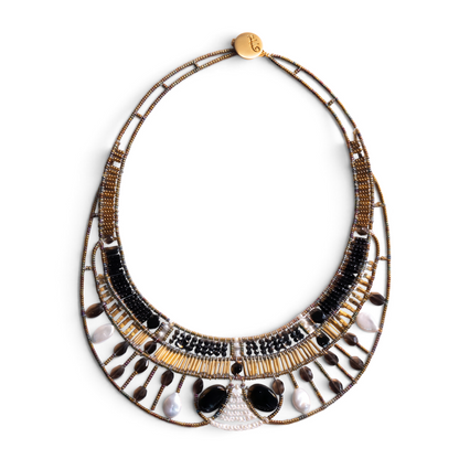 Trebor Style Ziio Doree statement necklace featuring black onyx, white pearls, and Murano glass beads on gold wire.