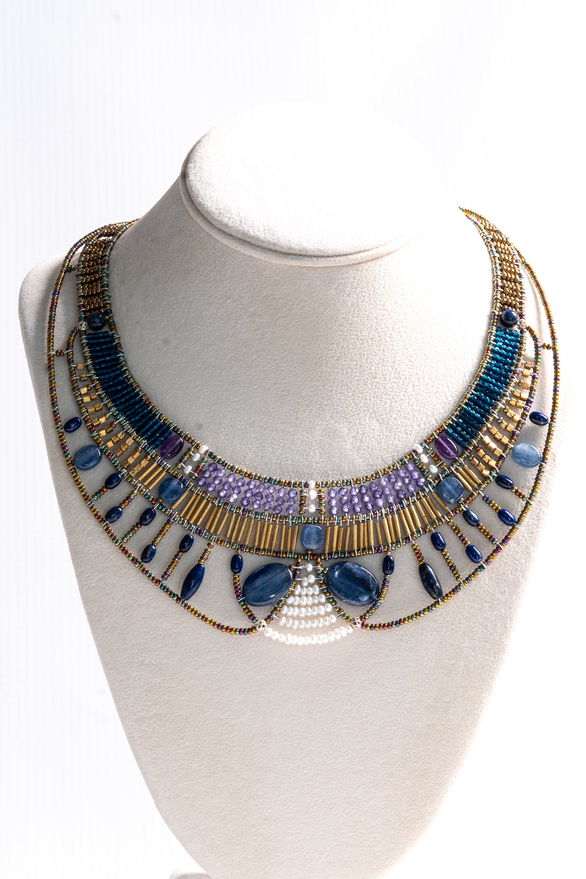 Trebor Style Ziio Doree statement necklace featuring blue kyanite, amethyst, lapis lazuli, and white water pearls.