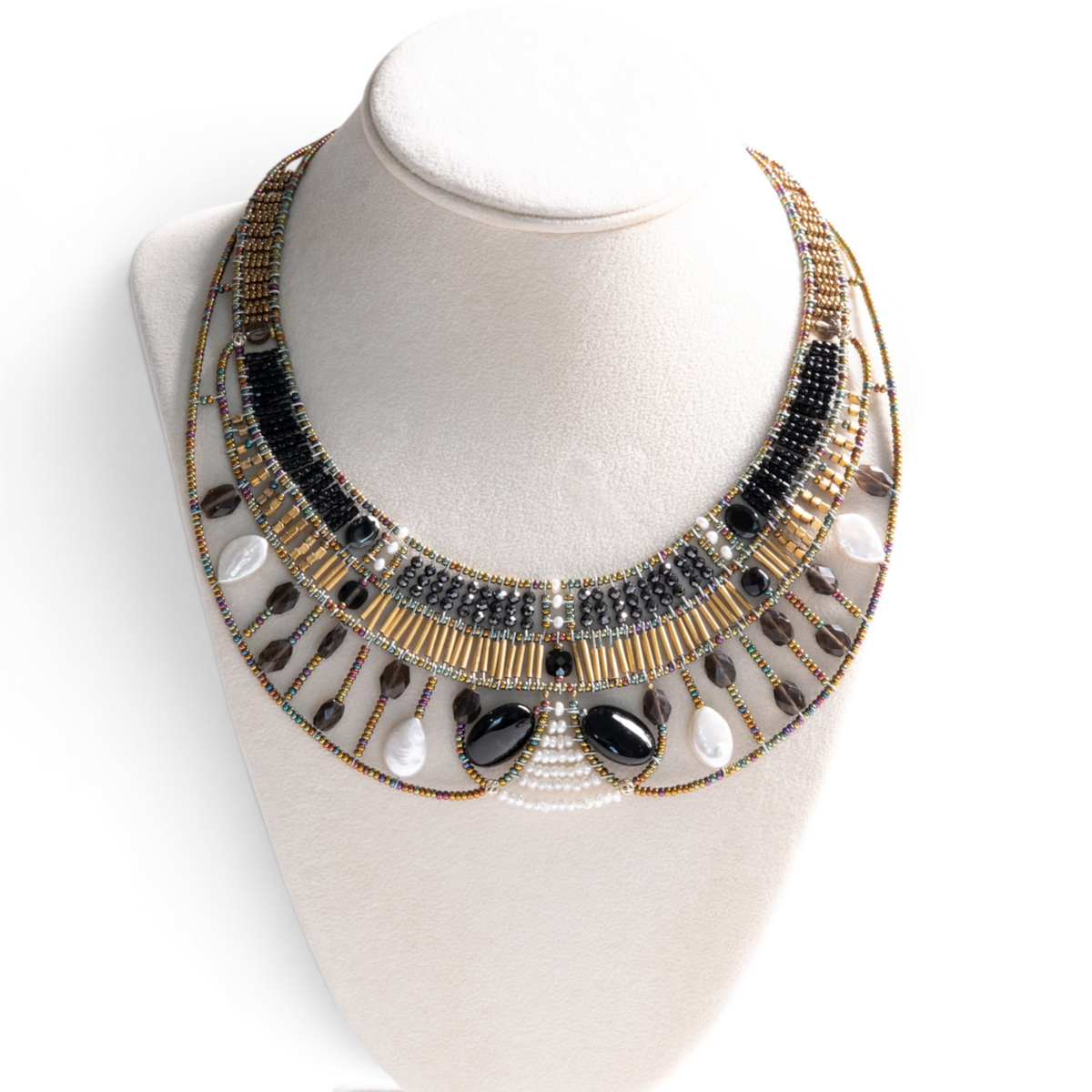 Trebor Style Ziio Doree statement necklace featuring black onyx, pearls, smokey quartz, and Murano glass beads.