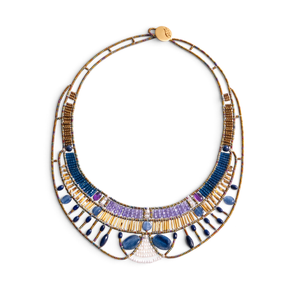 Trebor Style Ziio Doree statement necklace featuring blue kyanite, amethyst, pearls, and Murano glass beads.
