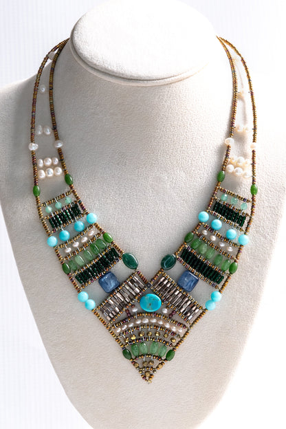 Trebor Style Ziio Eroi necklace featuring jade, kyanite, and water pearls with intricate Murano glass beadwork.