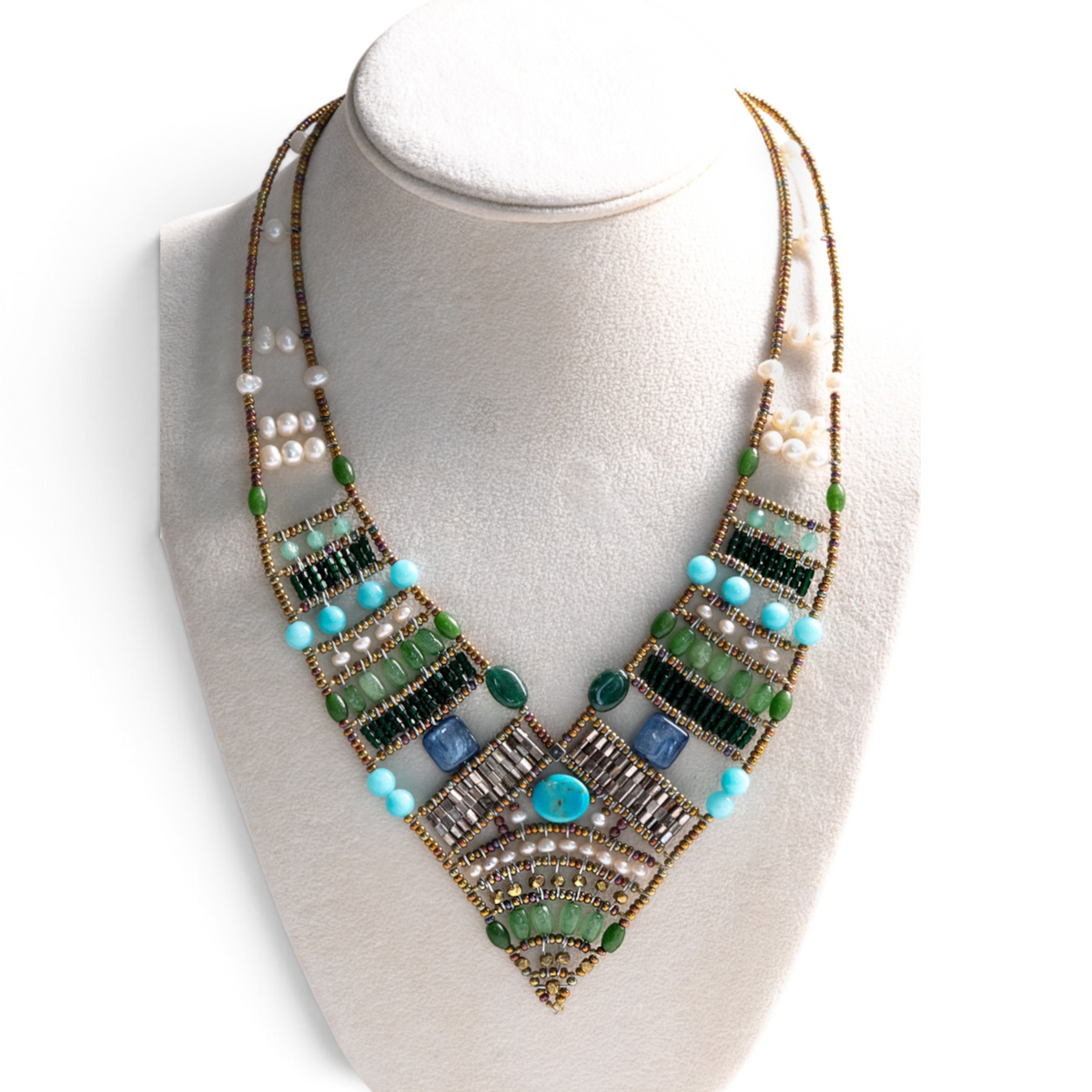 Trebor Style Ziio Eroi necklace featuring jade, kyanite, amazonite, prehnite, and water pearls with Murano glass beads.