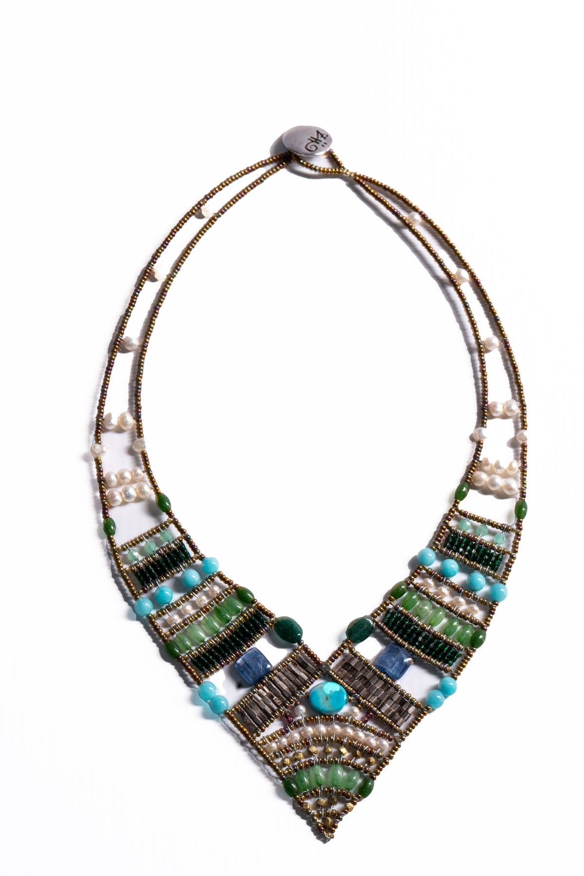 Trebor Style Ziio Eroi necklace featuring jade, kyanite, amazonite, and waterpearls with Murano glass beads.