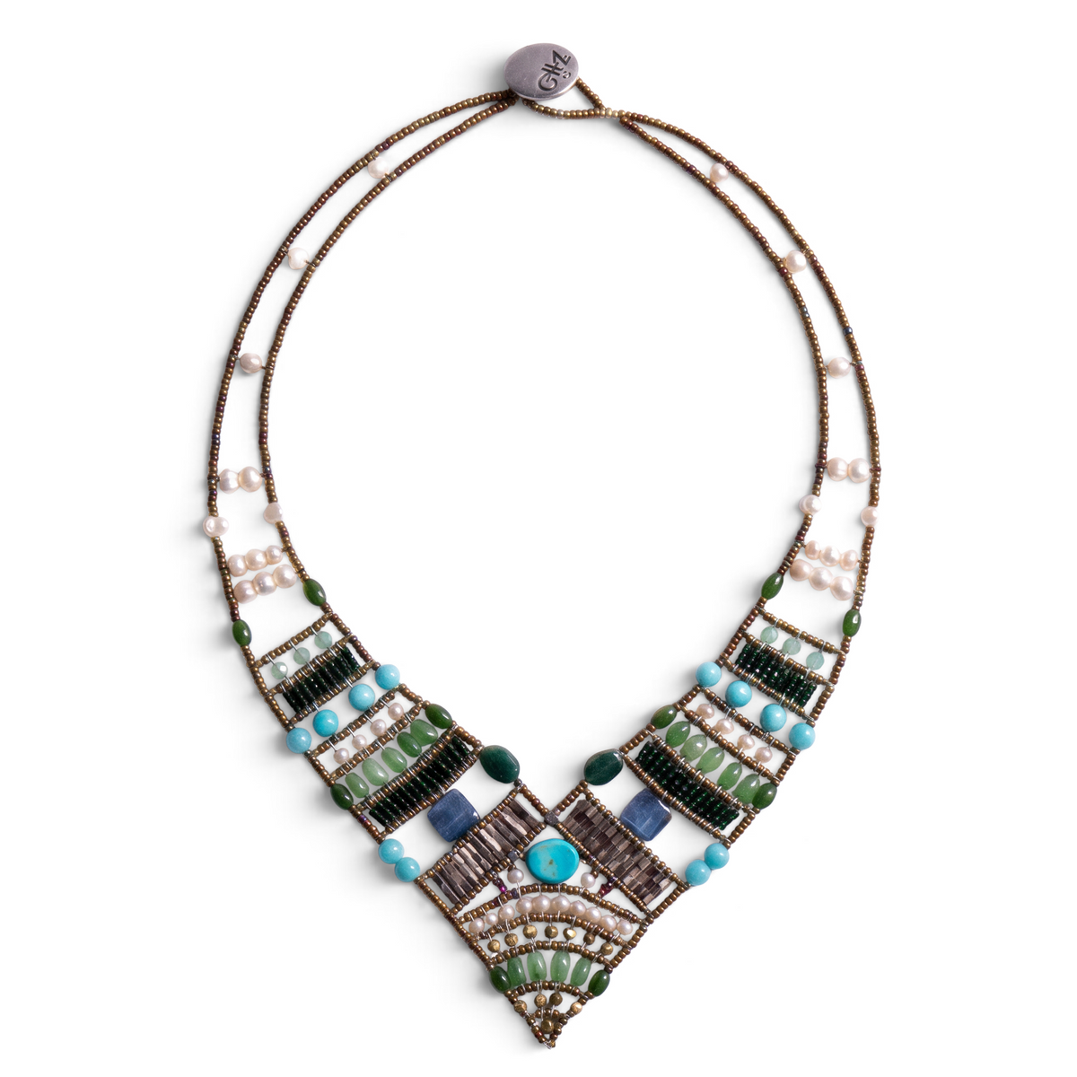 Trebor Style Ziio Eroi necklace featuring jade, kyanite, and waterpearls with intricate Murano glass beadwork.