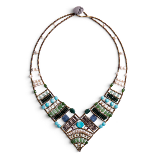 Trebor Style Ziio Eroi necklace featuring jade, kyanite, and waterpearls with intricate Murano glass beadwork.