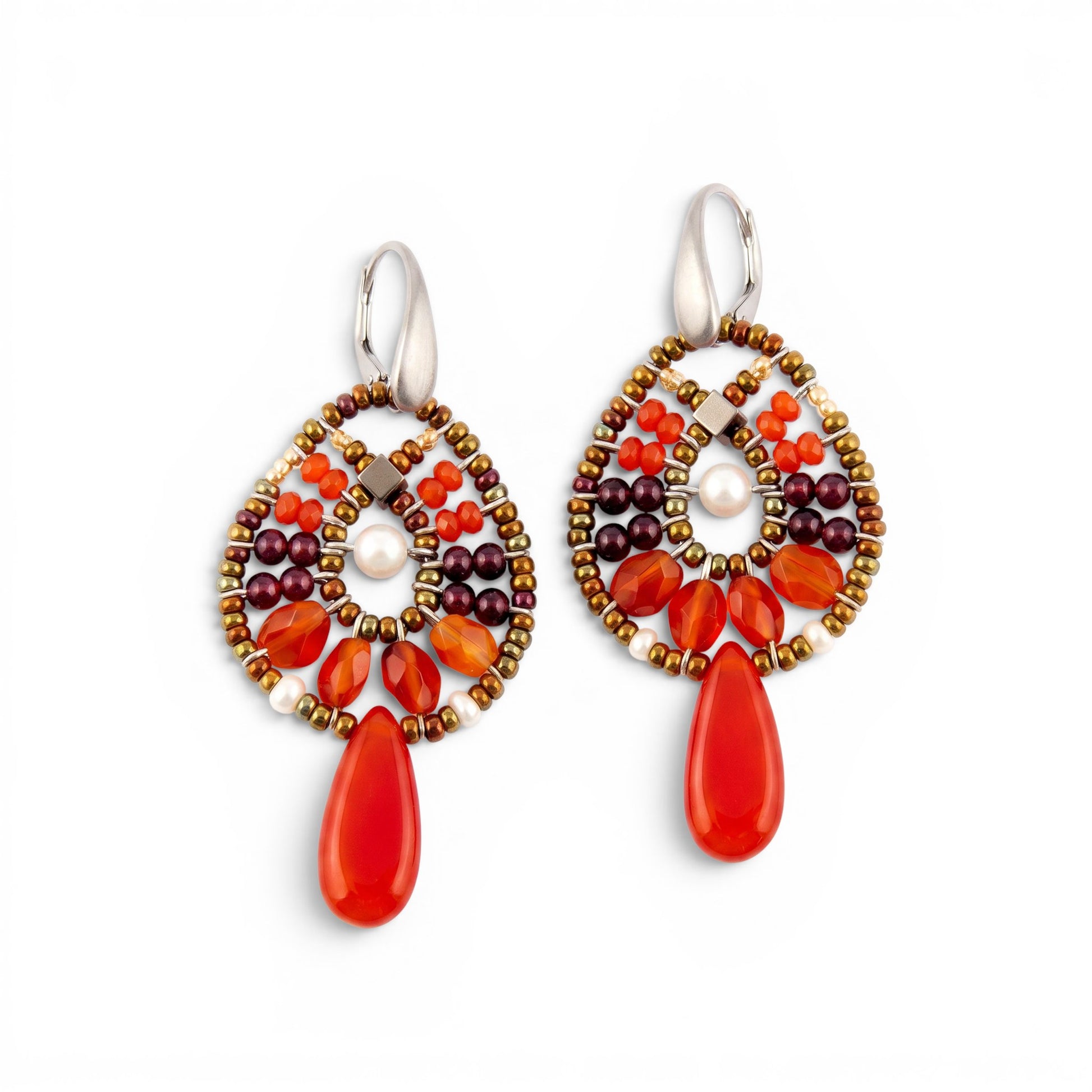 Trebor Style Ziio Fenice drop earrings featuring orange carnelian, red garnet, white pearls, and orange onyx teardrops.