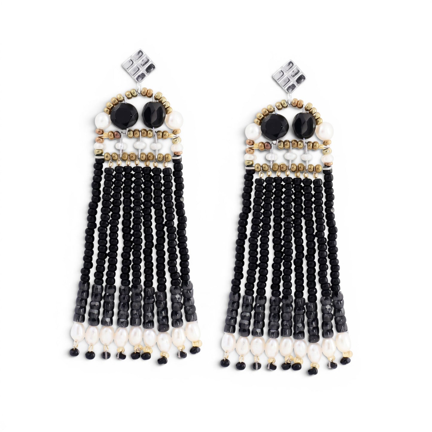 Trebor Style Ziio Fenice black spinel and pearl fringe chandelier earrings with Murano glass beads and silver posts.