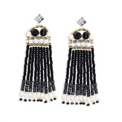 Trebor Style Ziio Fenice black spinel and pearl fringe chandelier earrings with Murano glass beads and silver posts.