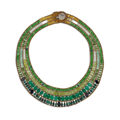 Trebor Style Ziio Fenice collar necklace featuring four rows of green gemstones, Murano glass beads, and silver clasp.