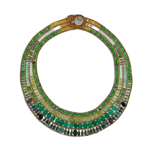 Trebor Style Ziio Fenice collar necklace featuring four rows of green gemstones, Murano glass beads, and silver clasp.