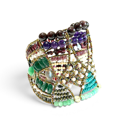 Trebor Style Ziio Jardin de Paradis multi-color gemstone statement cuff bracelet with Murano glass beads