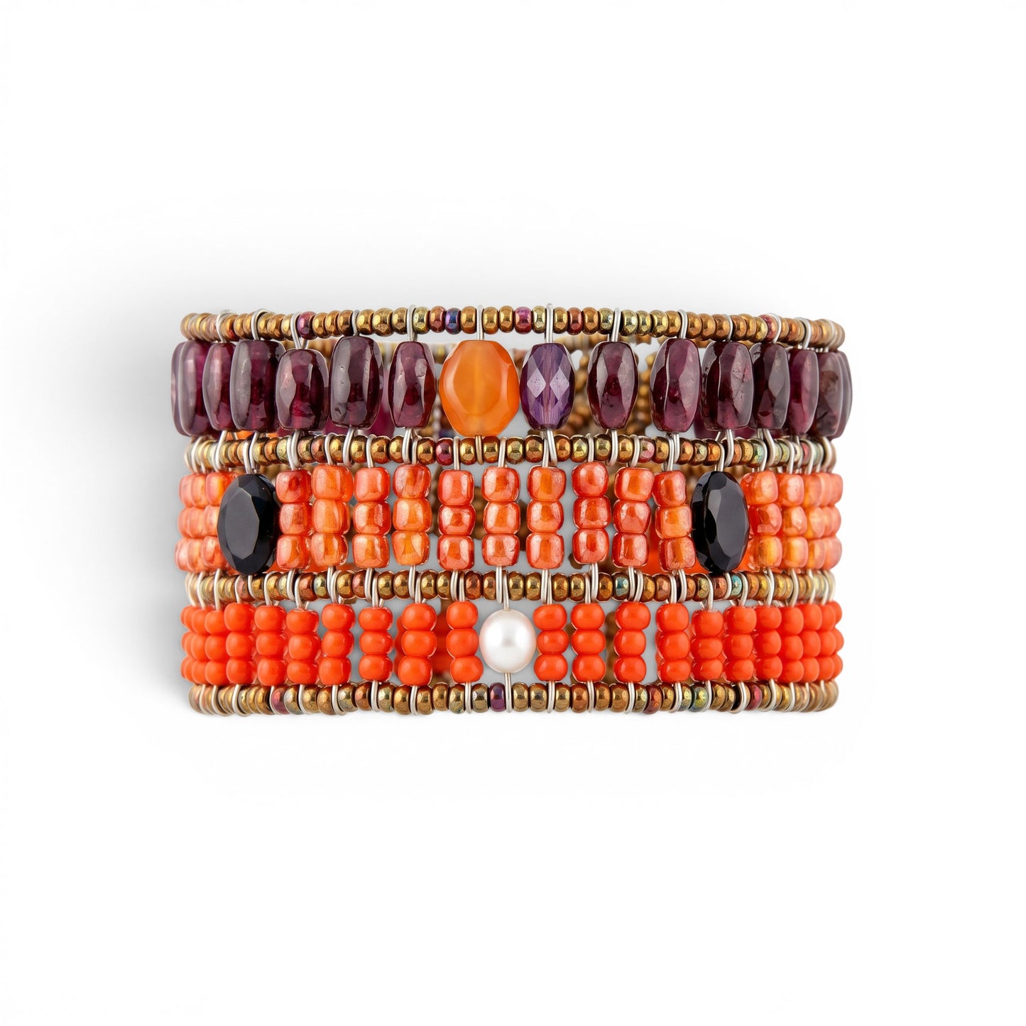 Trebor Style Ziio cuff bracelet featuring red garnet, orange carnelian, zircon, black spinel, and white pearl beads.