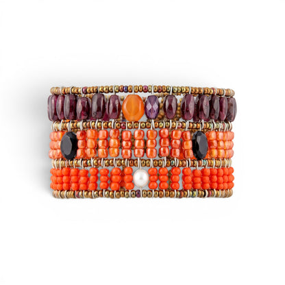 Trebor Style Ziio cuff bracelet featuring red garnet, orange carnelian, zircon, black spinel, and white pearl beads.