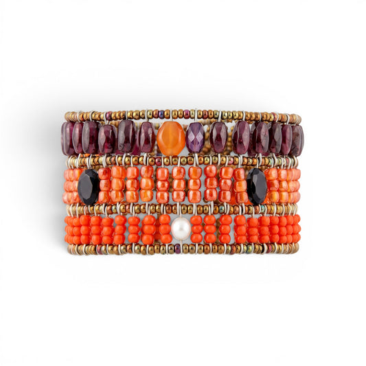 Trebor Style Ziio cuff bracelet featuring red garnet, orange carnelian, zircon, black spinel, and white pearl beads.