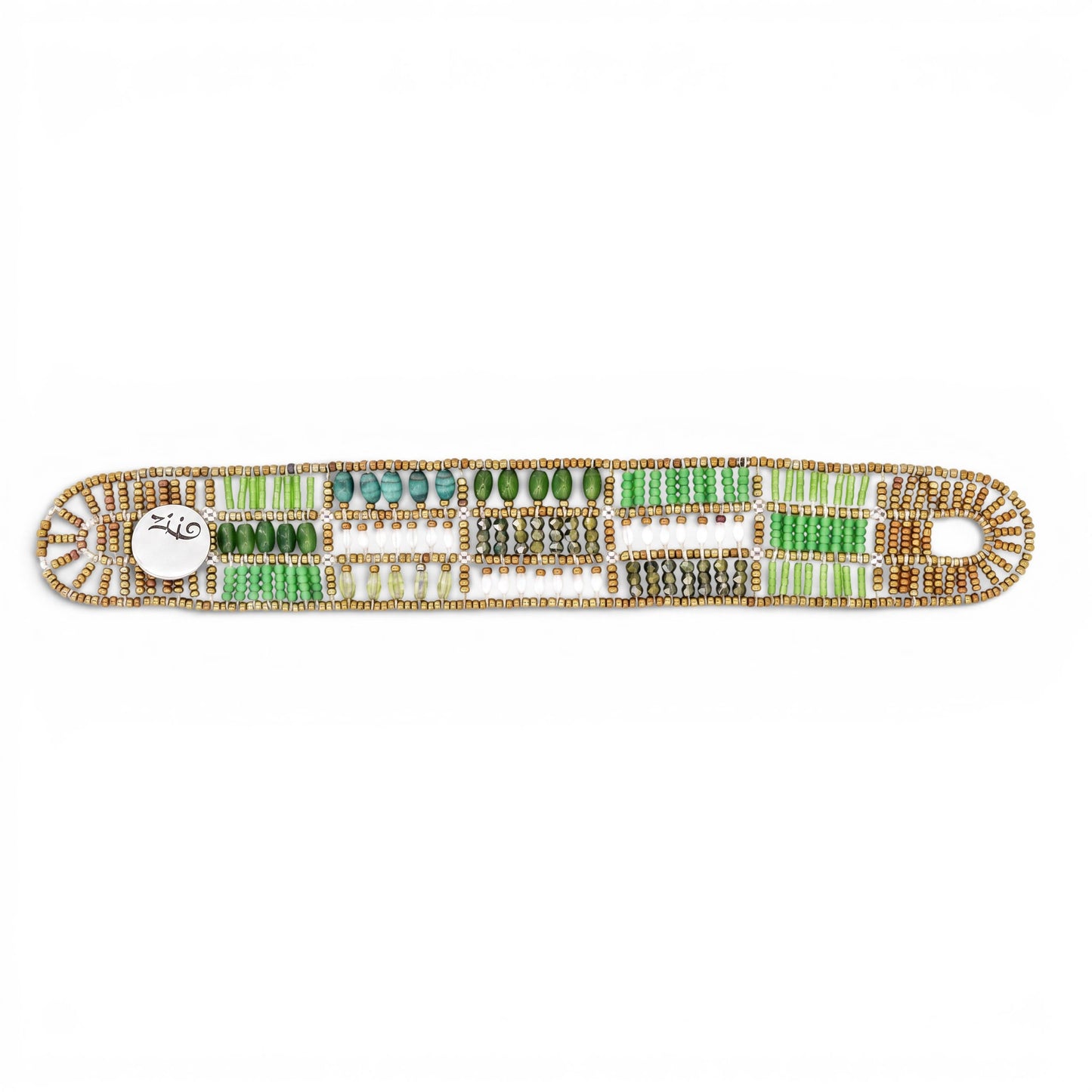Trebor Style Ziio Fenice cuff bracelet featuring patchwork peridot, jade, malachite, and pearl beads on wire.