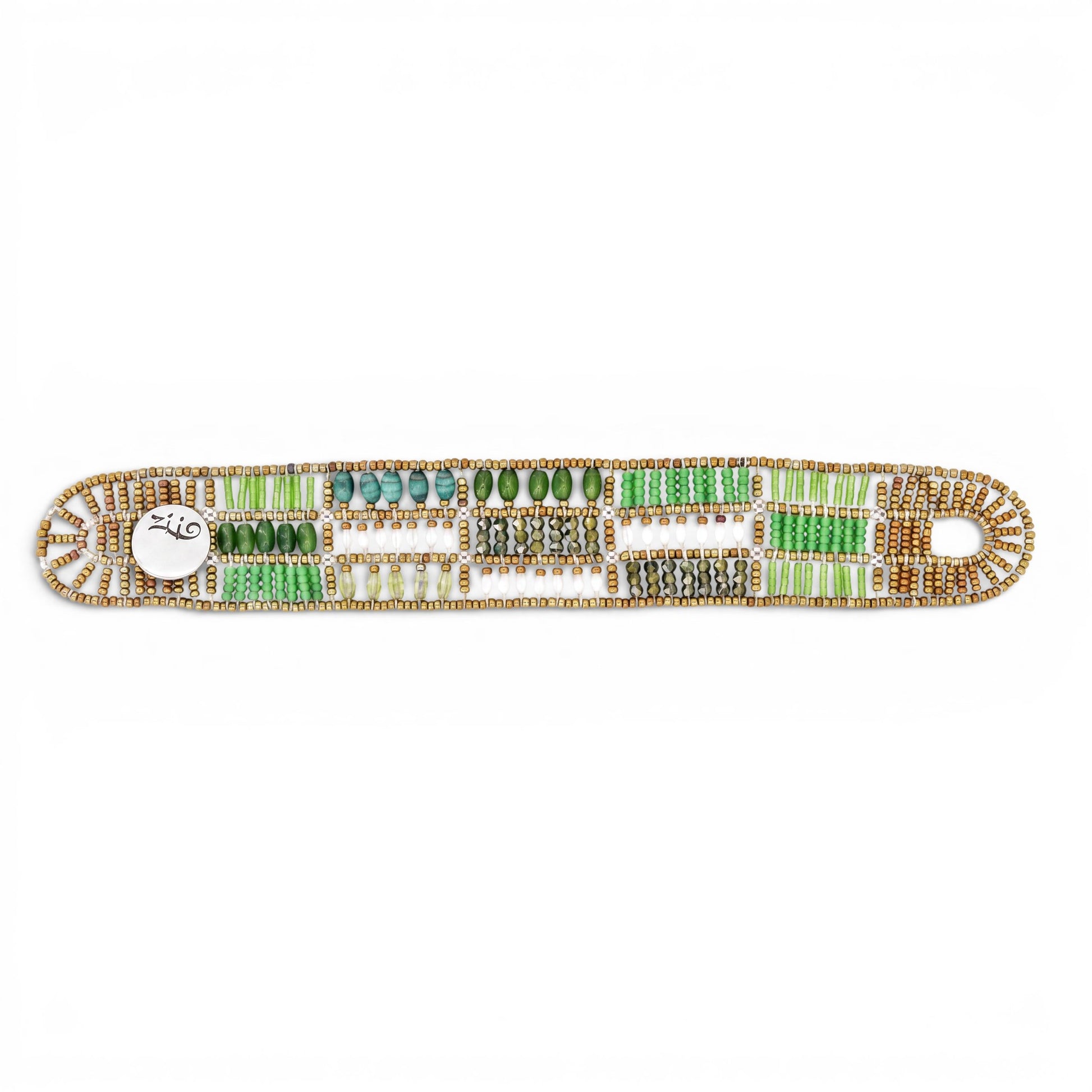 Trebor Style Ziio Fenice cuff bracelet featuring patchwork peridot, jade, malachite, and pearl beads on wire.