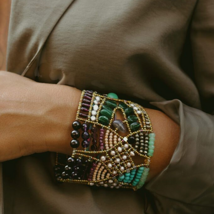 Trebor Style Ziio Jardin de Paradis multi-color gemstone statement cuff bracelet with intricate beadwork on wrist