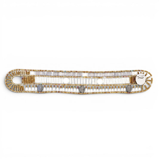 Trebor Style Ziio Fenice cuff bracelet featuring white mother of pearl, pearls, and labradorite on golden Murano glass.
