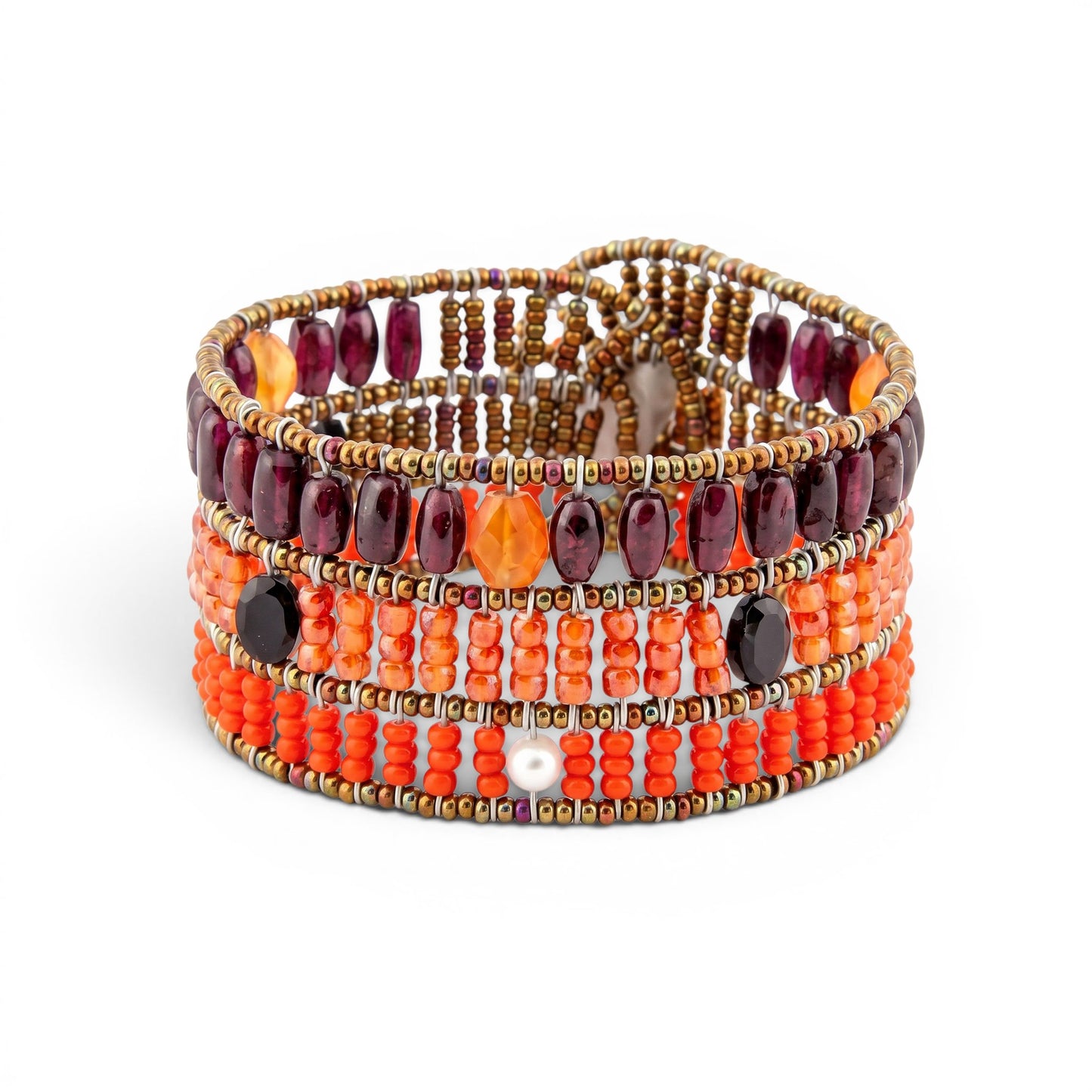 Trebor Style Ziio cuff bracelet featuring red garnet, orange carnelian, zircon, black spinel, and white pearls.