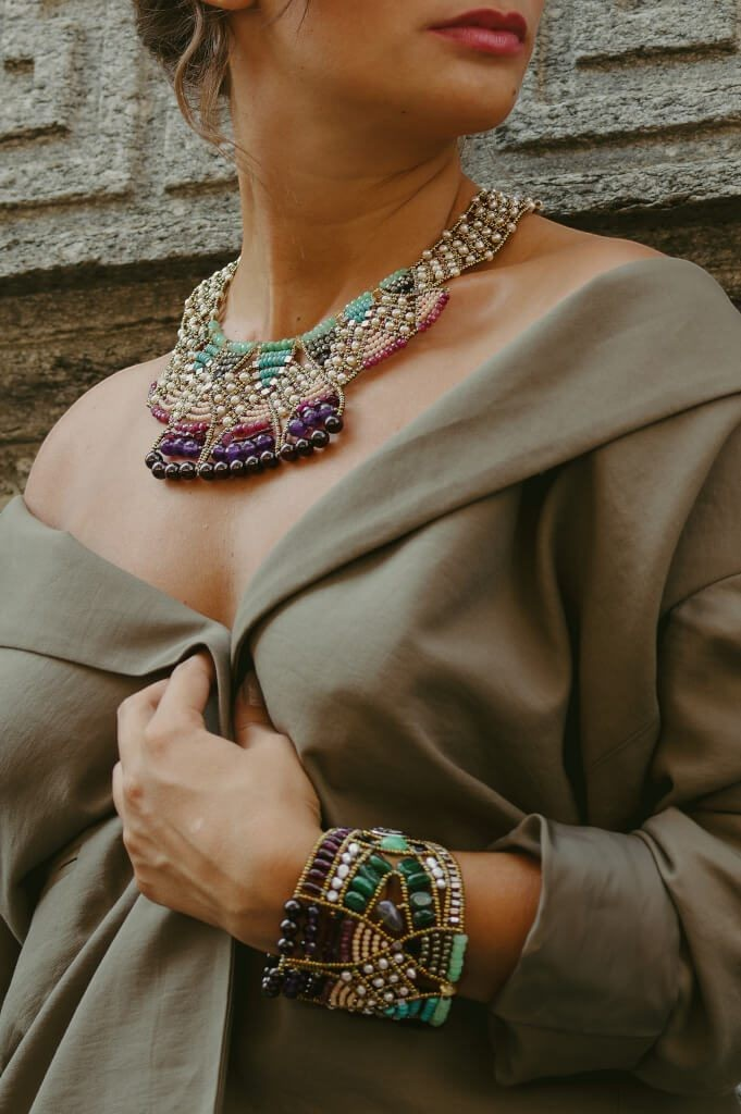Trebor Style Ziio Jardin de Paradis multi-color gemstone statement cuff bracelet and matching necklace on a model