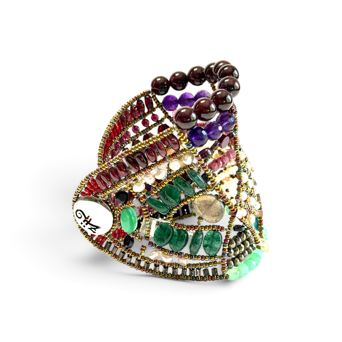 Trebor Style Ziio Jardin de Paradis multi-color gemstone statement cuff bracelet with Murano glass and silver button
