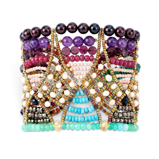 Trebor Style Ziio Jardin de Paradis multi-color gemstone statement cuff bracelet with Murano glass beads