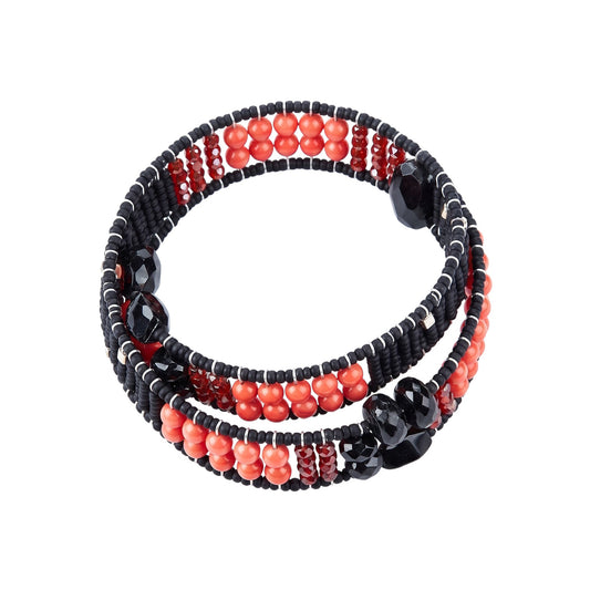Trebor Style Ziio double wrap boa bracelet featuring red carnelian, black tourmaline, and Murano glass beads.