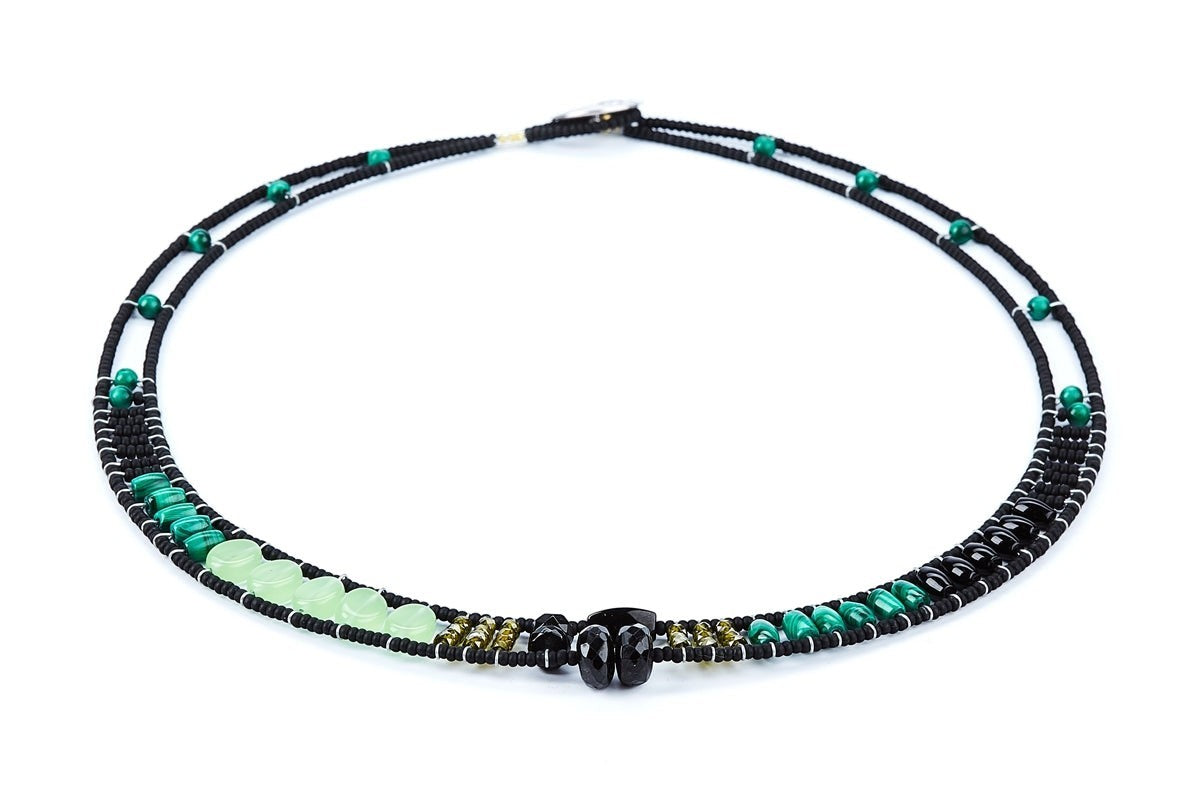 Trebor Style Ziio Giro necklace featuring malachite, chrysoprase, green zircon, and black tourmaline beads on wire.