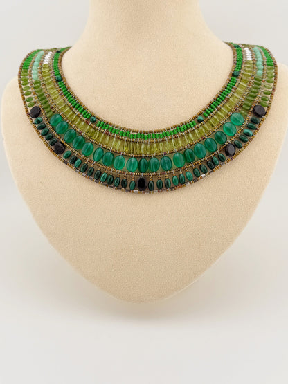 Trebor Style Ziio Fenice collar necklace featuring layered green gemstones, malachite, and Murano glass seed beads.